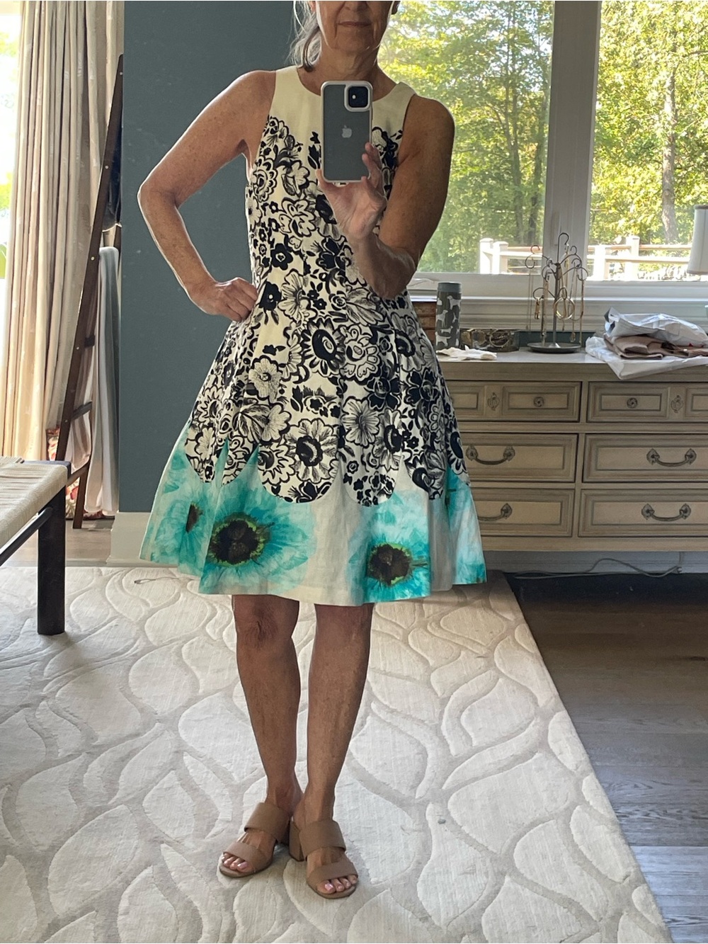 Tracy Reese Cream Fit-and-Flare Dress with Black Floral Print and Teal Accents